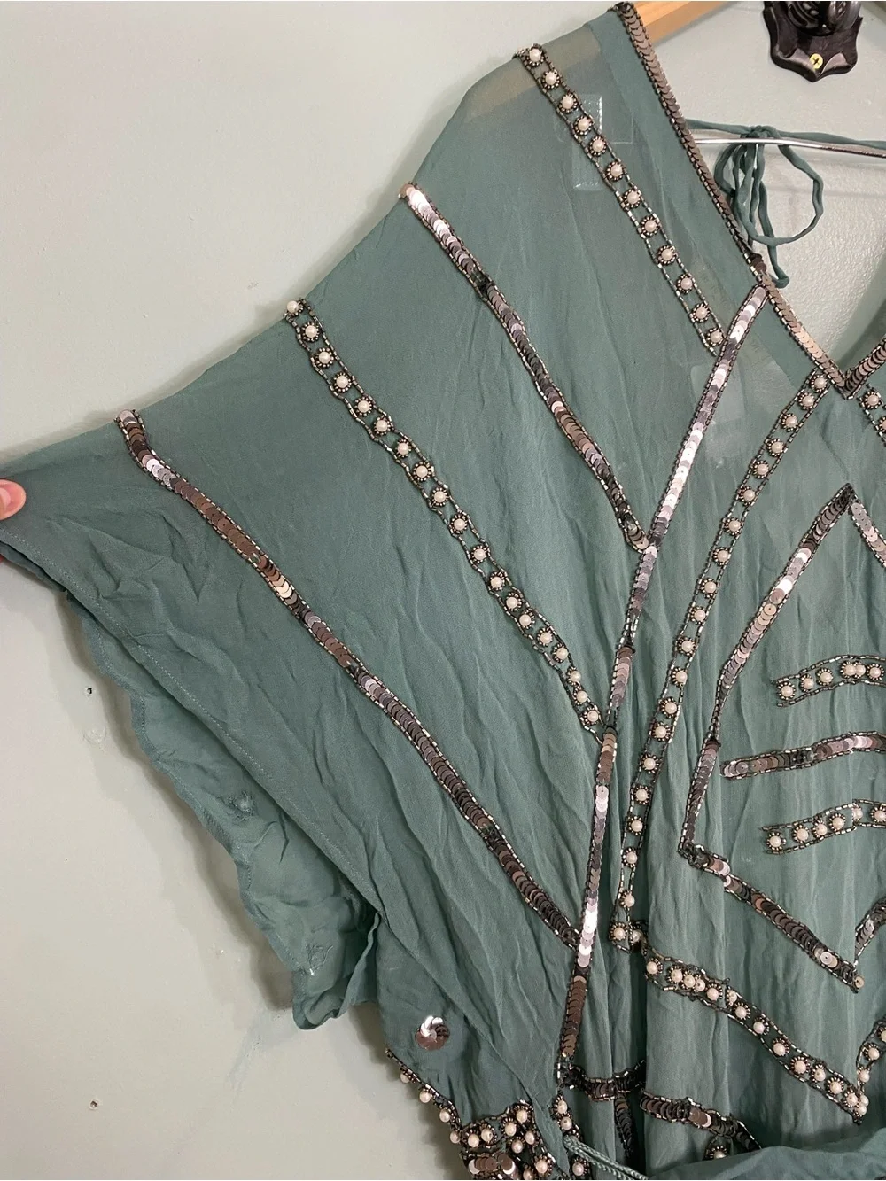 Free People Jens Pirate Booty Space Odyssey Kaftan Green Embellished Beaded XS/S